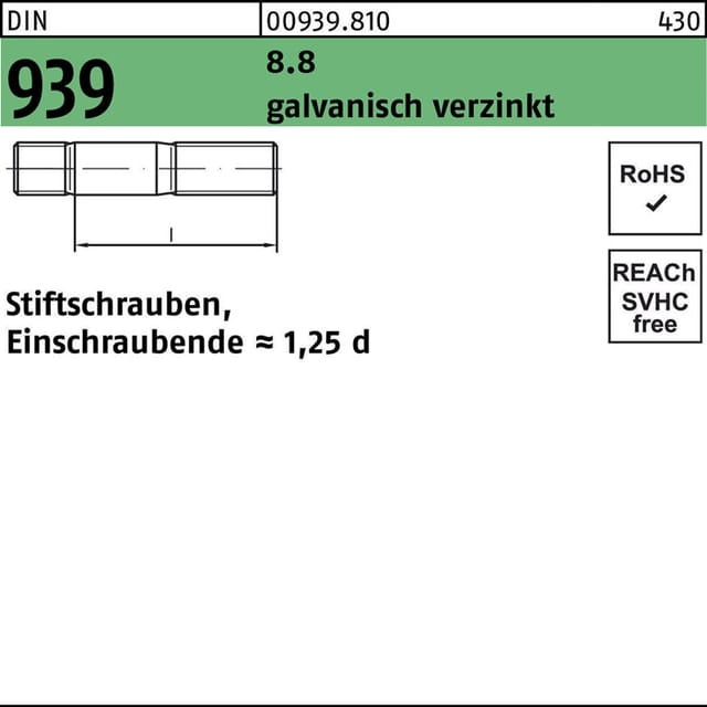 DIN 939 Stiftschraube M12x110 Stahl 8.8 galvanisch verzinkt 25 Stk
