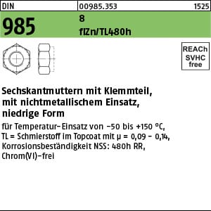 Sechskantmutter DIN 985 m.Klemmteil M 12 8 zinklamellenbes. Gleitm. flZnnc 480h-L