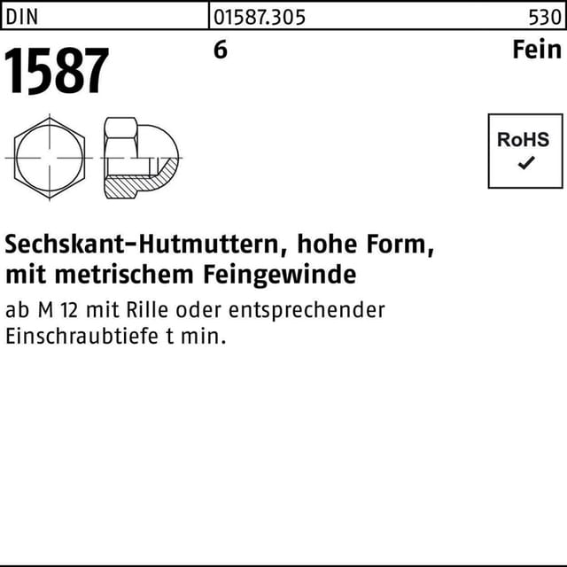 Hutmutter DIN 1587 M 14 x 1,5 Stahl blank 25 Stk