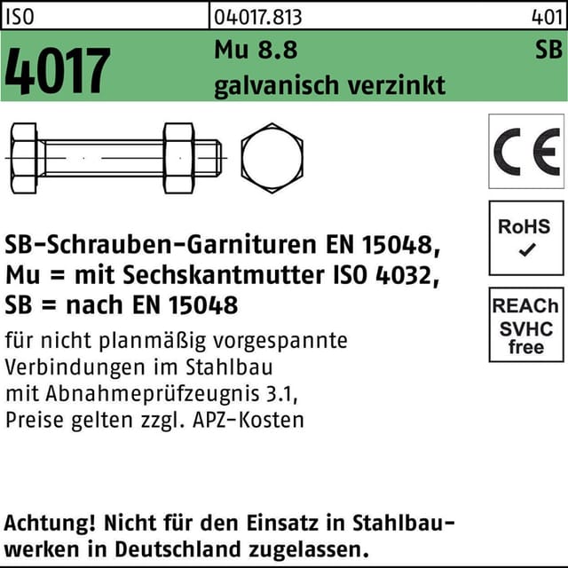 Sechskantschraube ISO 4017 VG M 16 x 75 8.8 galvanisch verzinkt SB