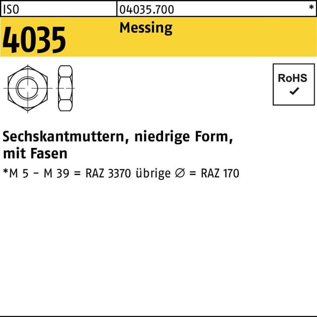 Sechskantmutter ISO 4035 niedrig m.Fasen M 3 Messing