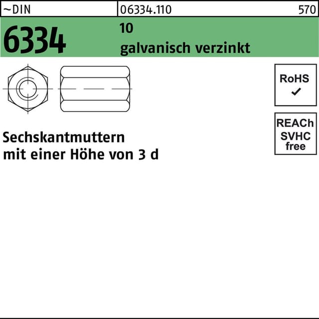 Sechskantmutter DIN 6334 M 6 SW 10 10 galvanisch verzinkt