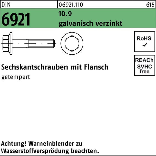 DIN 6921 Sechskant-Flanschschraube M6x20 Stahl 10.9 galvanisch verzinkt 500 Stk
