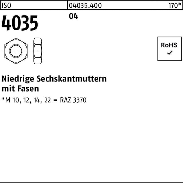 Sechskantmutter ISO 4035 niedrig m.Fasen M 6 Automatenstahl