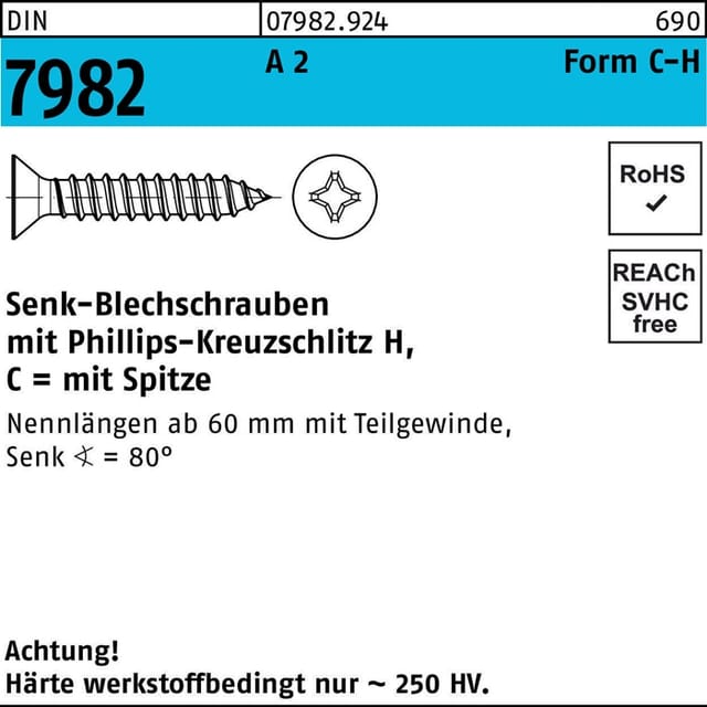 Senkblechschraube DIN 7982 m.Kreuzschlitz-PH/Spitze C 2,9 x 19 -H A 2