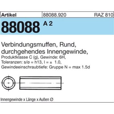 Verbindungsmuffe R 88088 rund m.IG M 10 x 50 x 13 Stahl galvanisch verzinkt durchg. IG