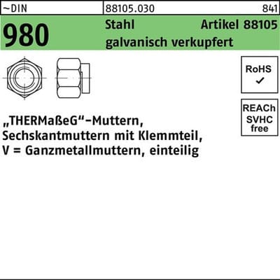 Sechskantmutter R 88105 m.Klemmteil M 12 SW 17 Stahl galvanisch verkupfert