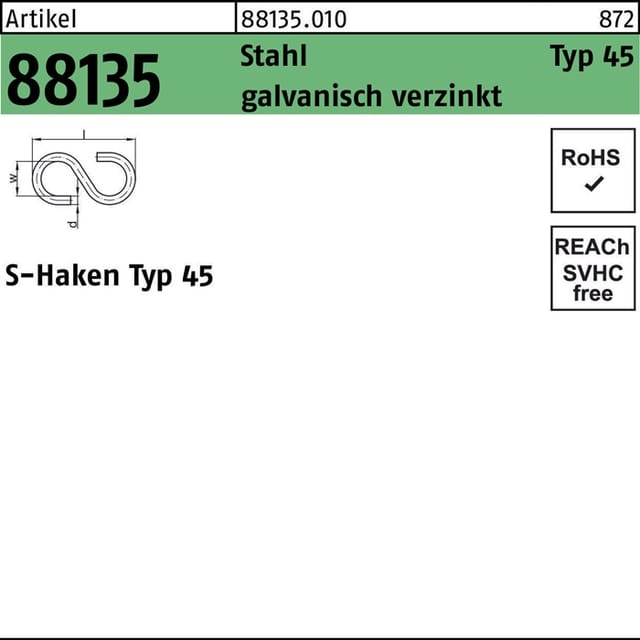S-Haken R 88135 Typ 45 30 x 9 x 2,8 Stahl galvanisch verzinkt