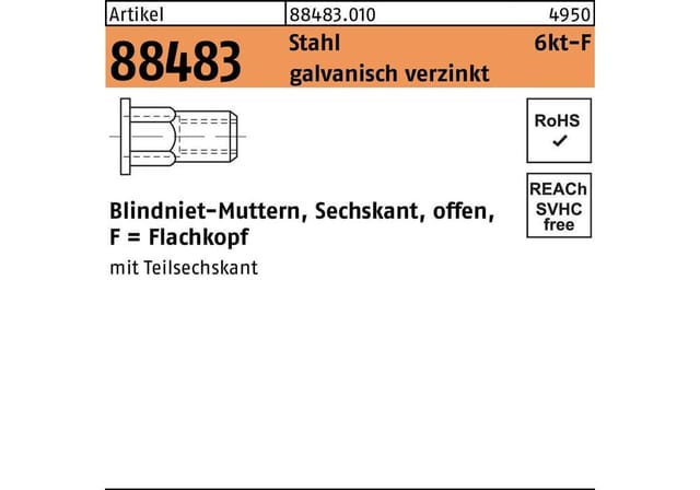 Sechskantblindnietmutter R 88483 FLAKO M 8 /0,5 -3,5 Stahl galvanisch verzinkt