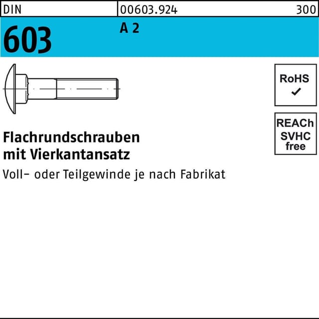 Flachrundschraube DIN 603 m.Vierkantansatz M 6 x 16 A 2