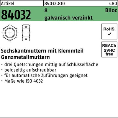Selbstsichernde Sechskantmutter ART 84032 M 8 x 1,25 Stahl galvanisch verzinkt Biloc 1000 Stk