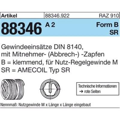 Gewindeeinsatz r 88346 FormB-SR bm 5x 10 a 2 25 Stück Amecoil 25 Stk
