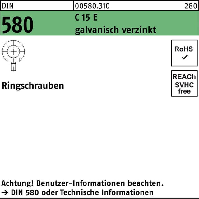 DIN 580 Ringschraube VG M14 Stahl galvanisch verzinkt 10 Stk