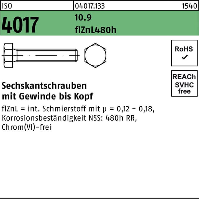 Sechskantschraube ISO 4017 VG M 6 x 25 10.9 zinklamellenbesch.