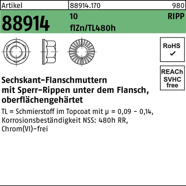 Sechskantmutter mit Flansch ART 88914 M 16 x 2 Stahl zinklamellenbeschichtet 50 Stk