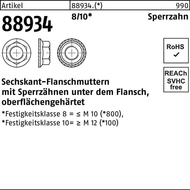 Sechskantmutter mit Flansch ART 88934 M 16 x 2 Stahl blank 50 Stk