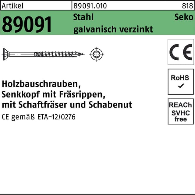 ART 89091 Holzbauschrauben CE Stahl 4 x 25 -T20 galvanisch verzinkt gal Zn S 1000 Stk