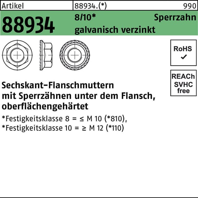 Sechskantflanschmutter R 88934 Sperrzahn M 12 10 galvanisch verzinkt