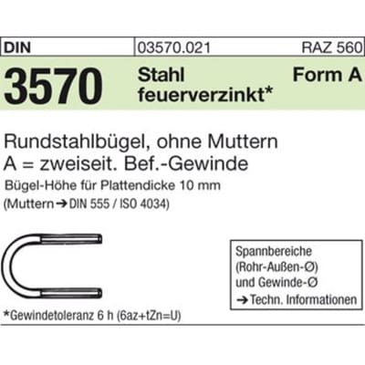 DIN 3570 Rundstahlbügel Stahl U A 176 / NW 150 M 16 feuerverzinkt, Gewindetoleranz 6h tZn S 10 Stk