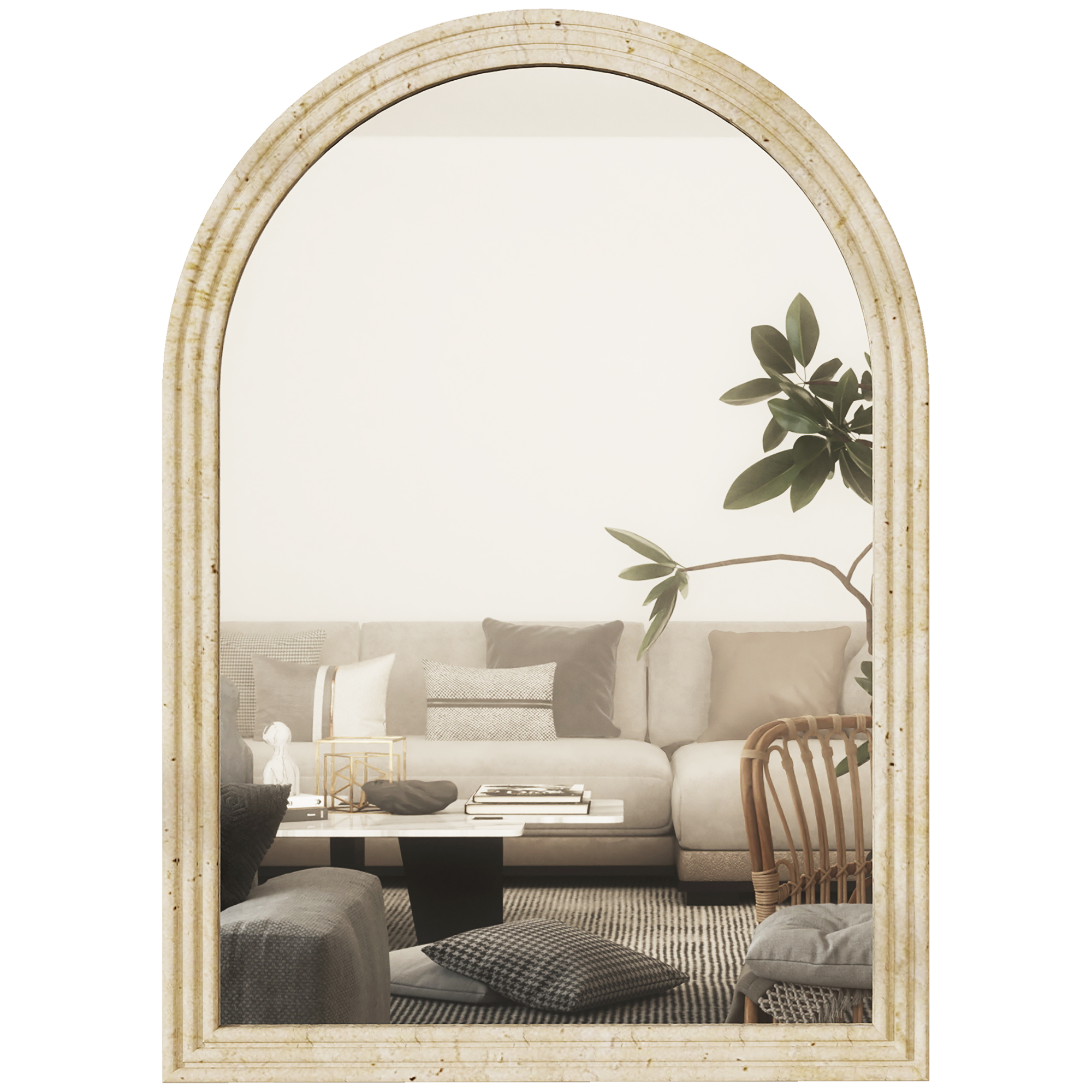 Gewölbter Wandspiegel, Moderner Spiegel Mit Geriffeltem Rand Und Haken, Gehärtetes Glas Und Polystyrol, 50 X 70 Cm, Beige