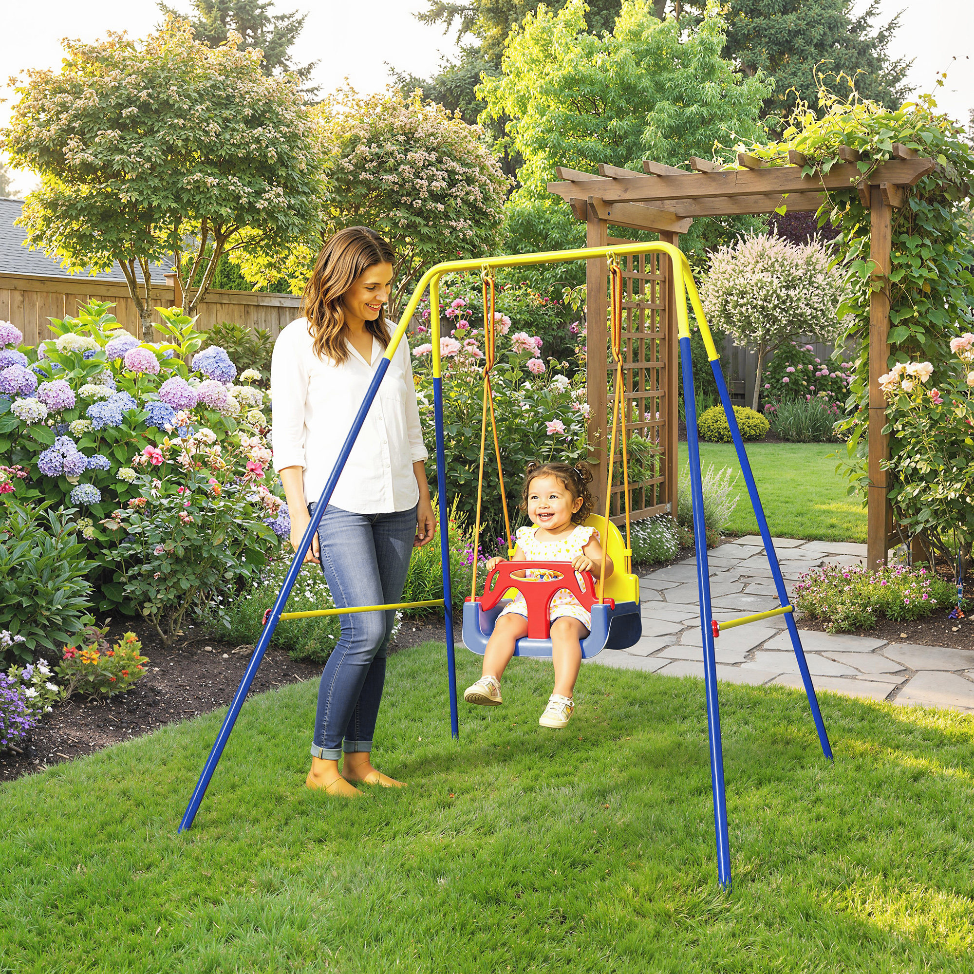 Zusammenklappbares Kinderschaukelgestell Mit 2 Haken Und 4 Heringen, Stabil Bis 50 Kg, A-form, 128 X 155 X 157 Cm, Blau