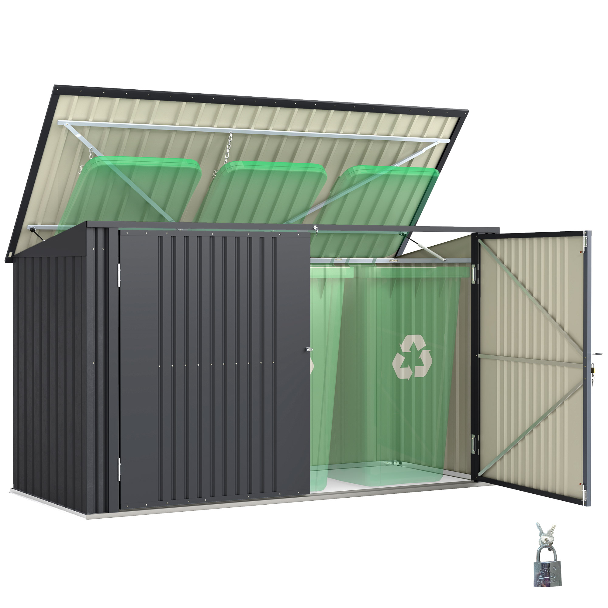 Mülltonnenbox Aus Stahl Für 3 X 240-liter-mülltonnen Mit 2 Türen Und Deckel, 233 X 105 X 118,5/133 Cm, Dunkelgrau