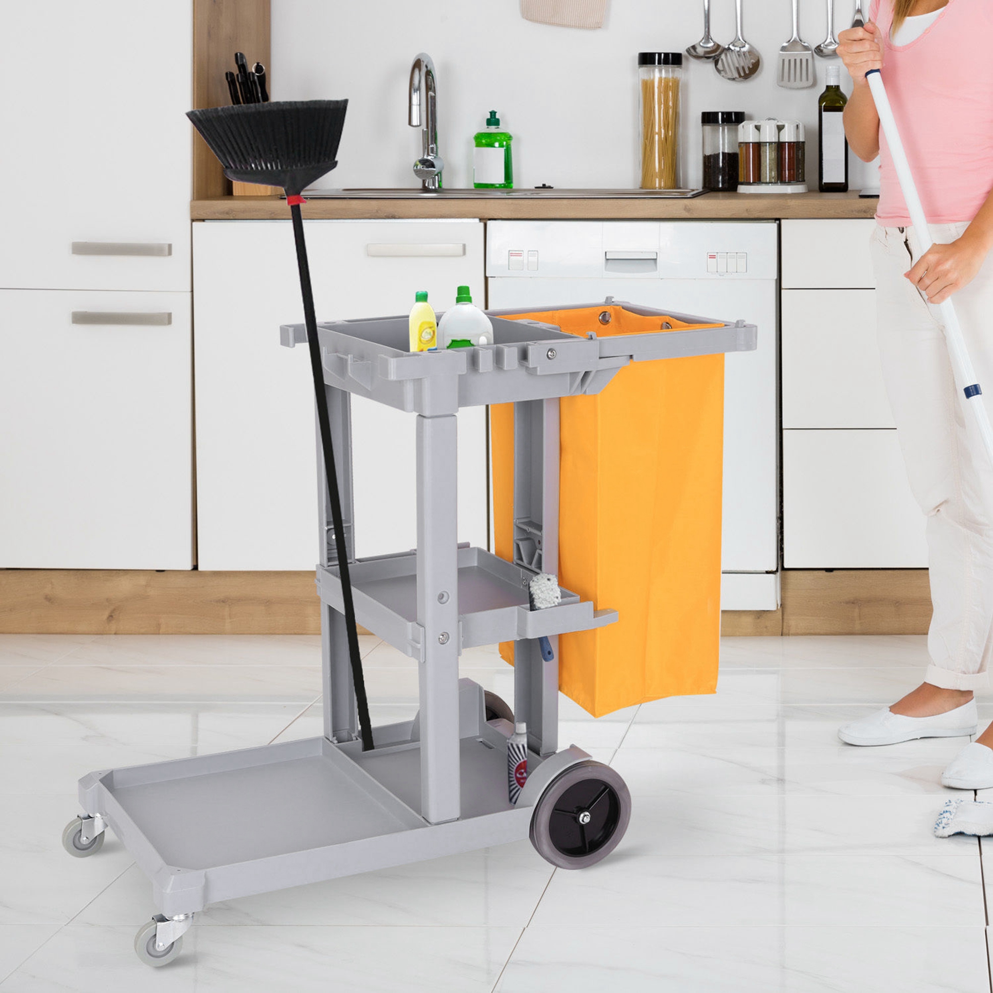 Professioneller Reinigungswagen Mit 3 Ablagen, Besenhaken, 4 Rollen Und 100-liter-sack, Orange, 121 X 50,5 X 96,5 Cm