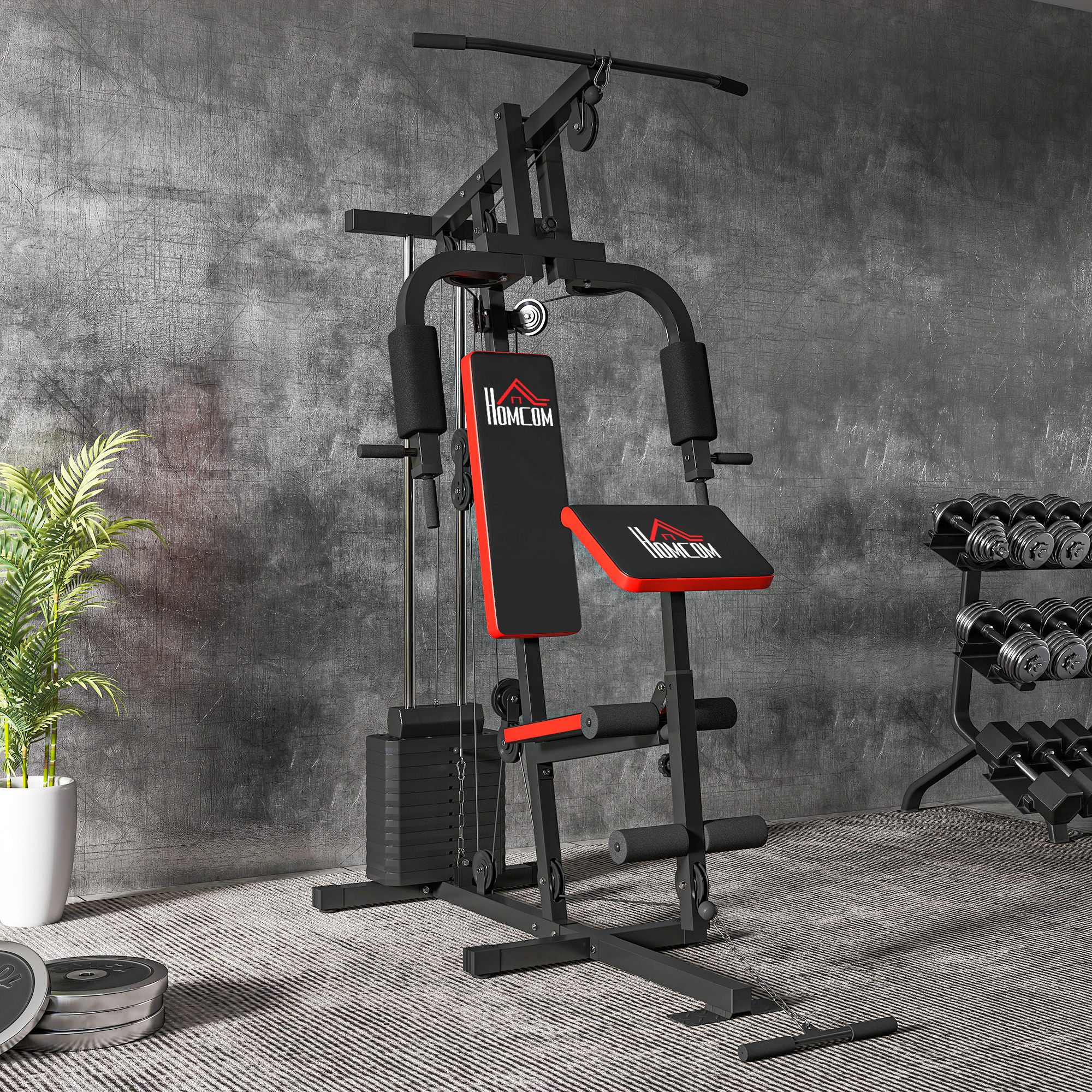 Power Tower Mit Gewichten Bis 65 Kg Für Das Training, Aus Stahl Und Pu, 135 X 103 X 210 Cm, Schwarz Und Rot