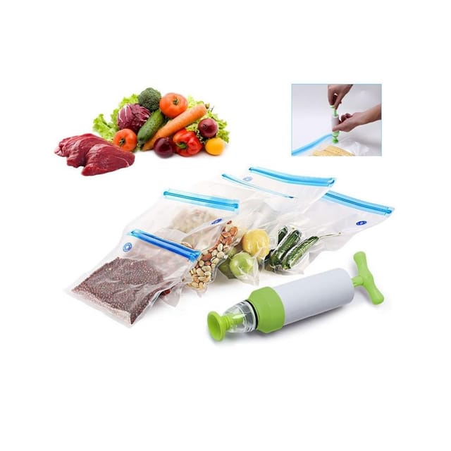 Trade Shop Traesio - Trade Shop - set vakuum-zip-beutel mit handpumpe 2 clips zum verschliessen der beutel verschliessen -