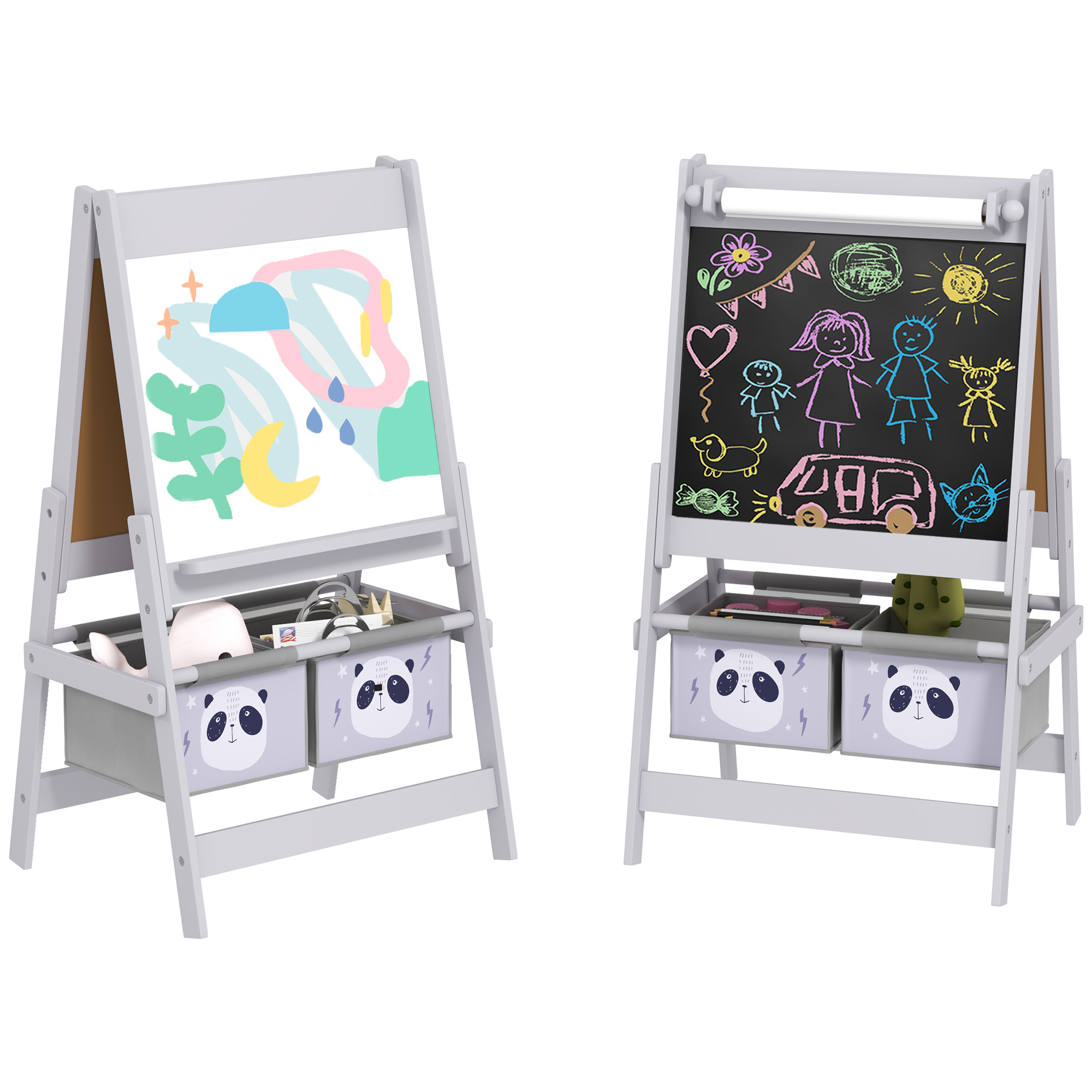 Kinderstaffelei-whiteboard, Doppelseitige Kreidetafel, Papierrolle, 2 Körbe, 54 X 46,5 X 93 Cm, Grau