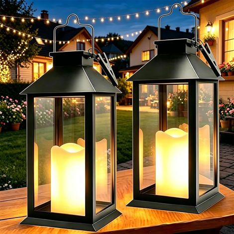 Solar-laterne Für Den Außenbereich, 2-teilige Hängeleuchte Mit Flackernder Led-kerze, Ip44 Wasserdicht, Für Garten, Terrasse, Bestattungsinstitut, Balkon, Schwarz