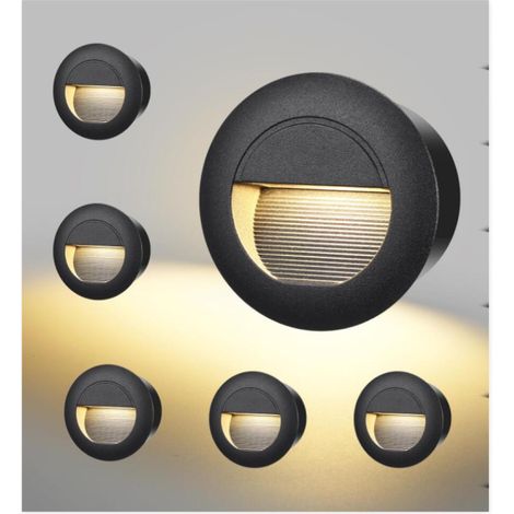 6er-pack Led-treppenleuchten, 3 W, 500 Lm, 230 V, 3000 K, Rund, 85 X 85 Mm, Ip65, Einbauwandleuchte, Treppenleuchte Für Wandmontage, 68-mm-einbaufassungen, Schwarzes Aluminium