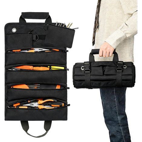 (schwarze) Werkzeugtasche Zum Aufrollen, Werkzeugtasche Aus Canvas, Werkzeugtasche Mit 6 Reißverschlusstaschen, Multifunktionale Werkzeugtasche Zum Aufrollen, Geeignet Für Elektriker, Klempner Und Tec