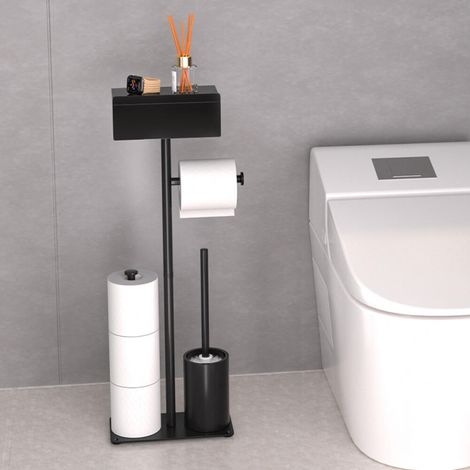 Freistehender Toilettenpapierhalter, Toilettenpapierständer Mit Toilettenbürste Und Schublade, Toilettenpapierrollenhalter Aus Schwarzem Kohlenstoffstahl, Toilettenorganizer Für 3 Ersatzrollen