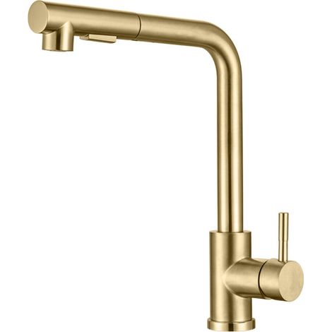 Goldene Küchenarmatur, Ausziehbare Goldene Küchenarmatur, Zwei Strahlarten, Hochdruck-spültischarmatur, L-förmig, Gebürsteter Goldener Edelstahl