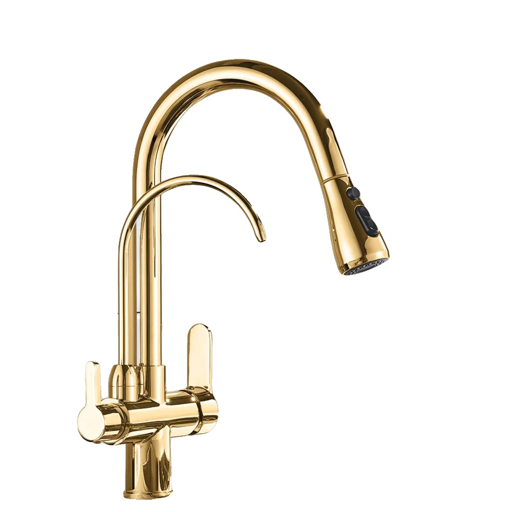 Küchenarmatur Mit Filter, Ausziehbarer Brause, Robuste Messingkonstruktion, Gold