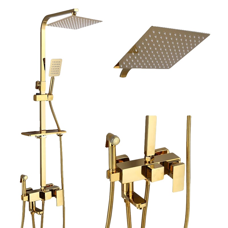 Duscharmatur-set, Regenduschenfunktion, Höhenverstellbar, Gold – 12 Zoll