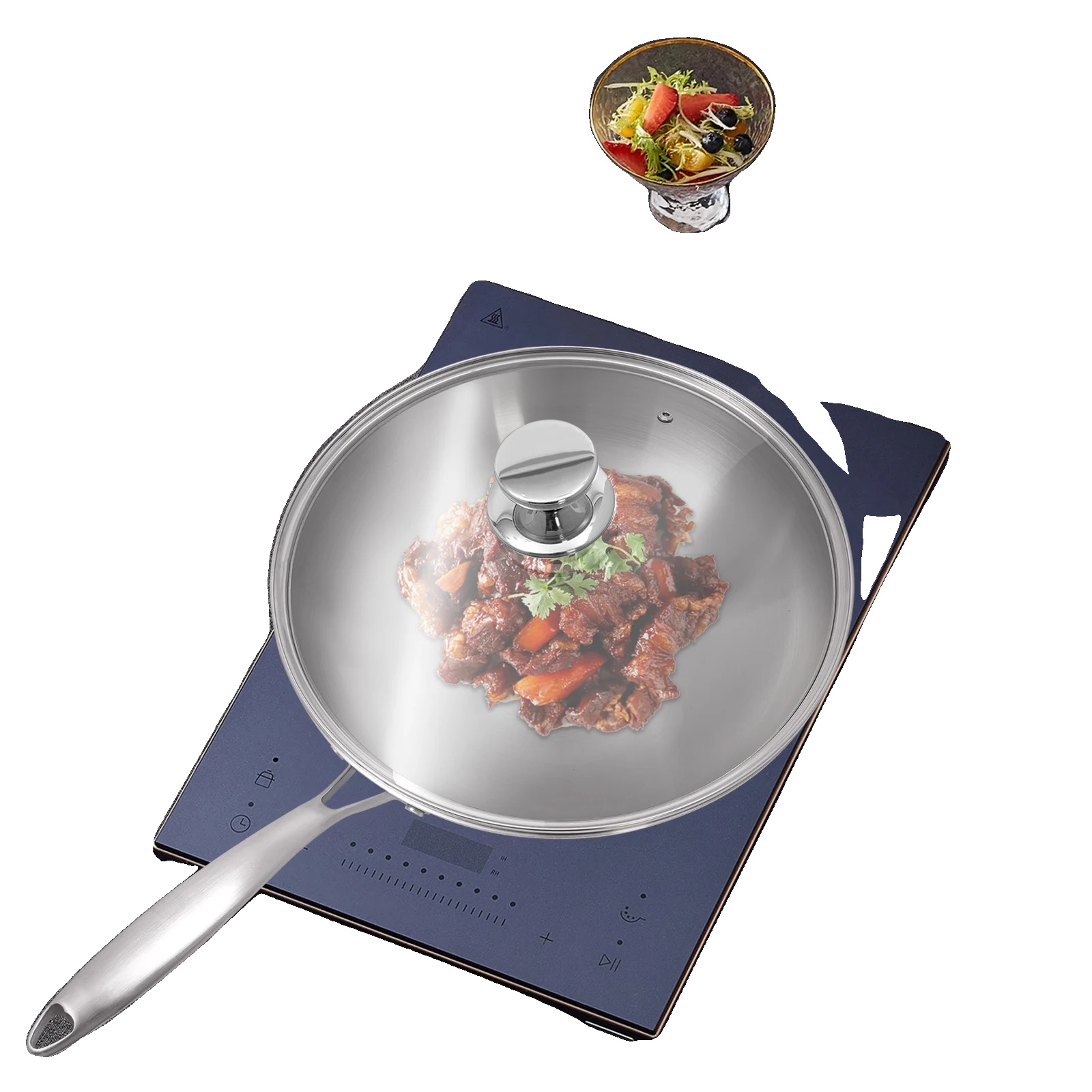 Edelstahl-bratpfanne, 32 Cm Durchmesser, Deckel Aus Gehärtetem Glas