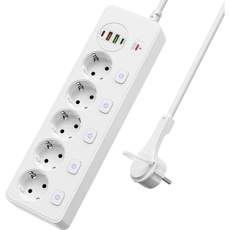 5-fach Steckdosenleiste Mit Einzeln Schaltbaren Steckdosen, 2 Usb-a- Und 2 Usb-c-anschlüssen, 5 Steckdosen Mit Schaltern, Zur Wandmontage Mit 2 M Verlängerungskabel