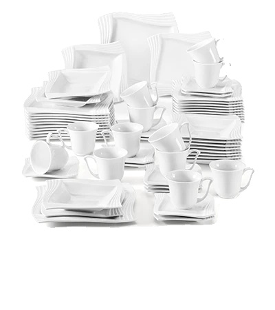Porzellan-essgeschirr-set Für 12 Personen, Mikrowellen- Und Spülmaschinengeeignet, Elegantes Quadratisches Design