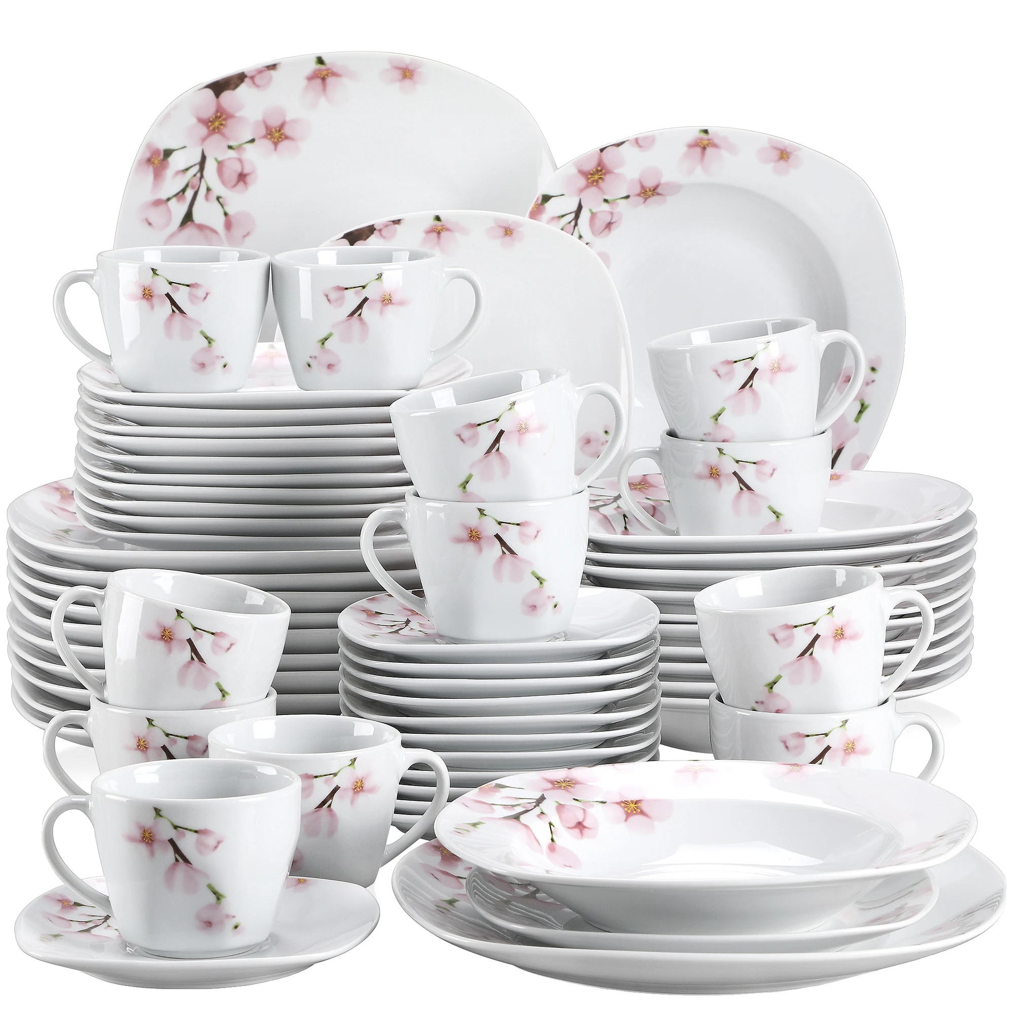30-teiliges Keramik-geschirrset Mit Rosa Blumenmuster, Elegante Teller, Schüsseln Und Tassen Für 6 Personen, Mikrowellen- Und Spülmaschinenfest, 60-teiliges Set