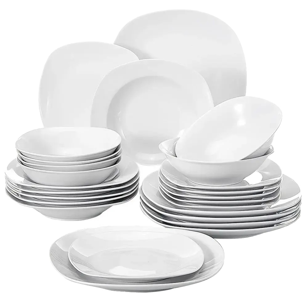 Porzellan-essgeschirr-set, Bestehend Aus Einem 25 Cm Großen Speiseteller, Einem 22 Cm Großen Suppenteller, Einem 19 Cm Großen Dessertteller Und Einer 17 Cm Großen Schüssel, Für 6 Personen.