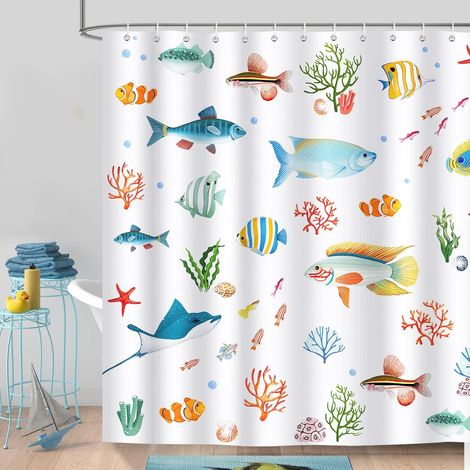 Duschvorhang Mit Tropischen Fischen (180 X 180 Cm), Kinderbadevorhang, Schimmelresistent, Wasserdicht, Waschbar, Aus Polyestergewebe, Inklusive 12 Haken Für Die Badewanne