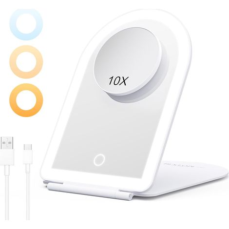 Tragbarer Beleuchteter Kosmetikspiegel Mit 10-facher Vergrößerung, Verstellbarem Touch-led-schminkspiegel Mit 3-farbiger Beleuchtung, Usb-aufladbar Für Reisen Und Schlafzimmer, Weiß