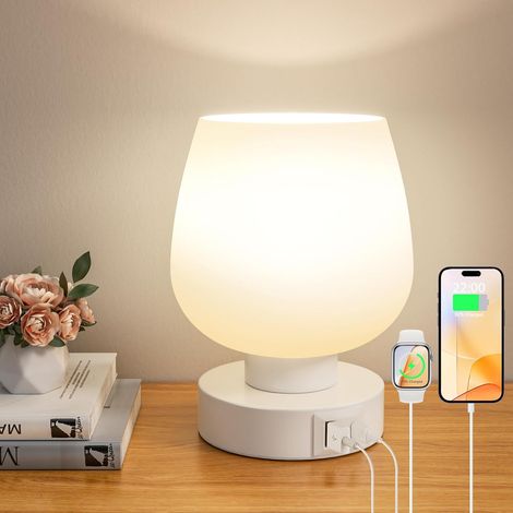 Berührungsempfindliche Nachttisch-/tischleuchte Mit Usb-c- Und Usb-a-ladeanschlüssen Für Schlaf- Und Wohnzimmer. Schreibtischlampe Mit Weißem Glasschirm Für Kleine Räume. Drei Helligkeitsstufen Einste
