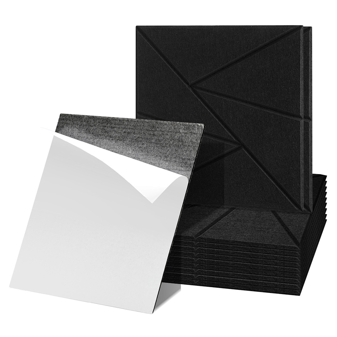 Randaco Paneles Acústicos Pared Autoadhesivos, Pack De 12 De Fieltro, 30 X 30 X 0,9 Cm Negro, Cuadrados Con Diseño Triangular