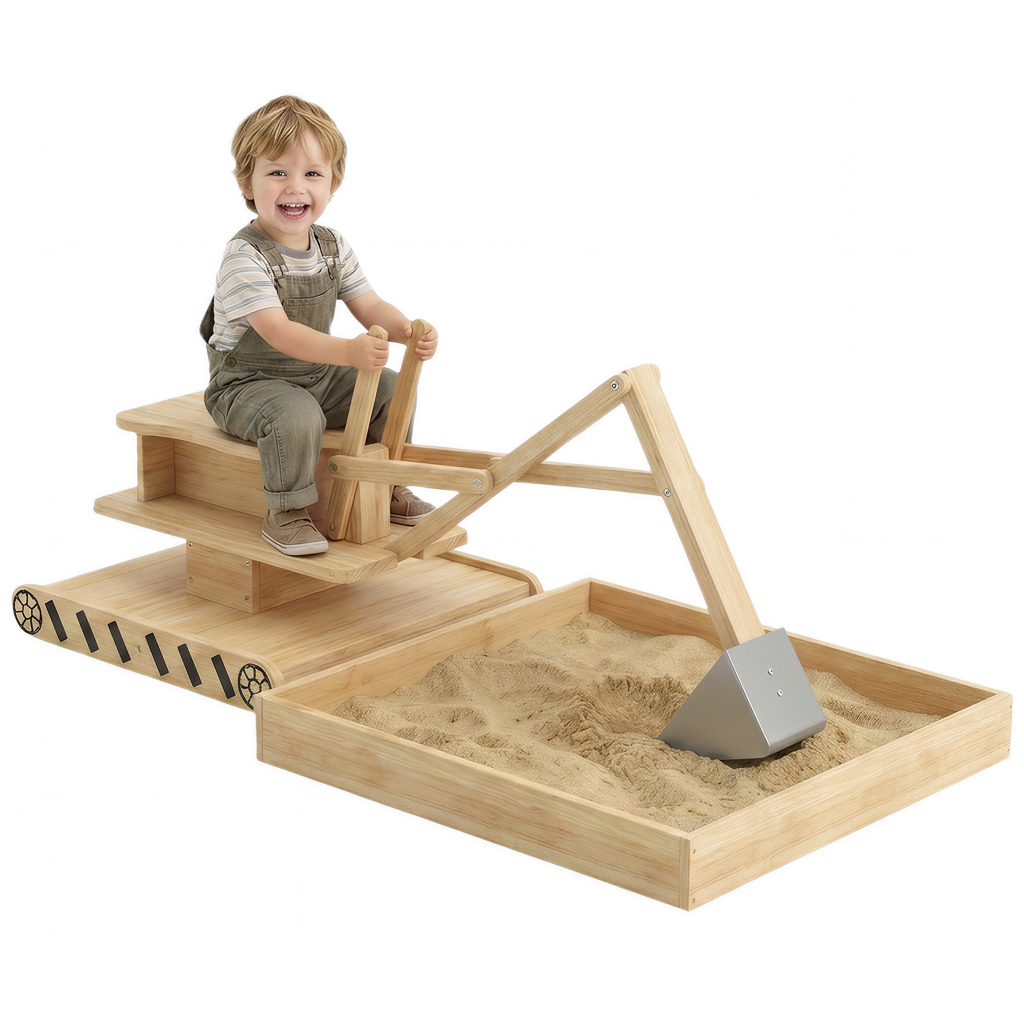 Sandkasten Aus Holz Mit Bagger, Drehbarem Sitz (360°) Und Auskleidung, 184 X 90 X 56 Cm, Natur