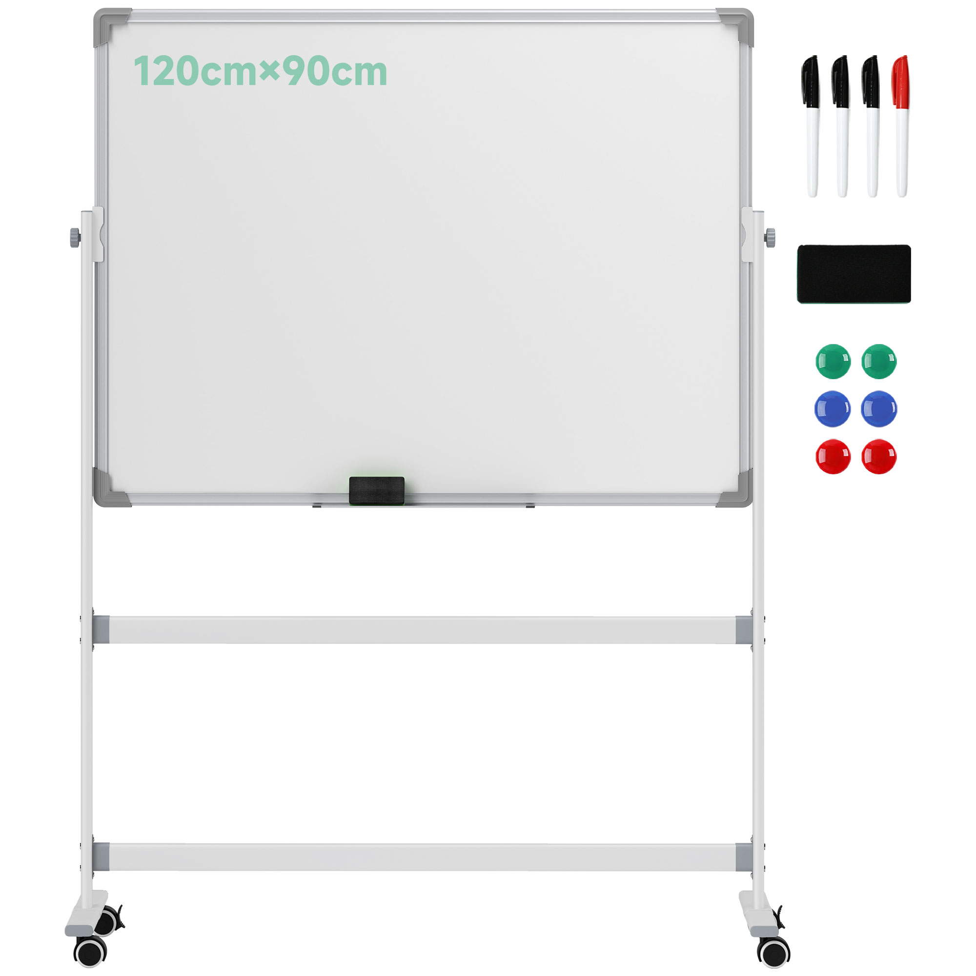 Doppelseitige, Weiße Magnettafel Mit Zubehör Und 4 Rollen, Aus Aluminium Und Stahl, 127 X 50 X 165 Cm