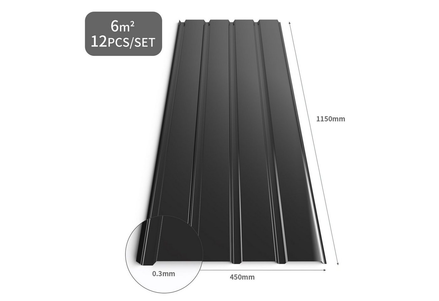 Dachplatte Wandplatte Bitumenwellplatten Wellplatte, Packung Mit 12 Vordächern 115 X 45 Cm, 0,3 Mm Aus Verzinktem Metall Zum Ersetzen Der Vordachfarbe, Schwarz
