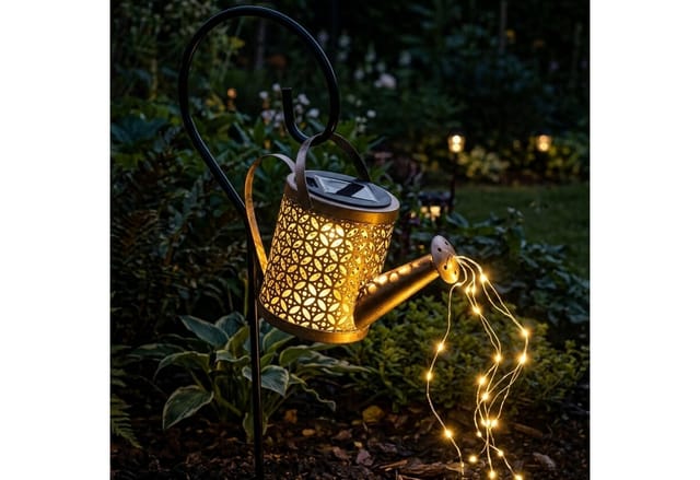 Led Solar Gießkanne mit Erdspieß - 21 x 16 cm - Garten Deko Beleuchtung 40 led in warm weiß beleuchtet